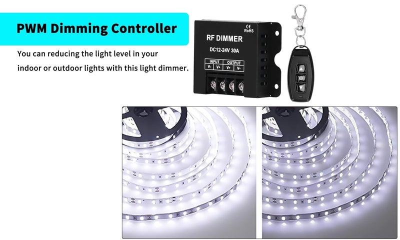 Lelukee 12V LED Dimmer,RF Wireless Remote,DC 12-24V 30A Strip Dimmer,with Dimmable Slide Remote Control,Control Remotely,Suitable for LED Dimmable Lights or Light Ribbon(Type A) - Image 2